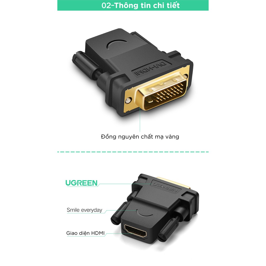 [Mã 2404EL10K giảm 10K đơn 20K] Đầu chuyển đổi DVI 24+1 male sang HDMI female - UGREEN 20124 - (màu đen)