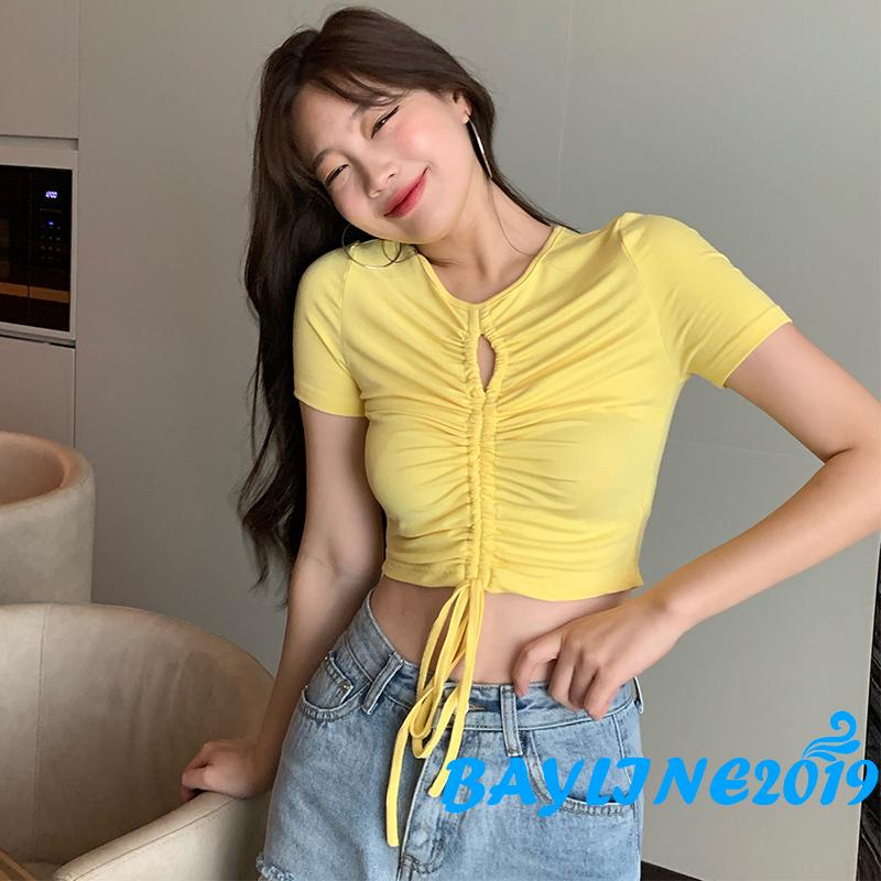 Áo thun croptop tay ngắn cổ tròn màu sắc đơn giản dành cho nữ