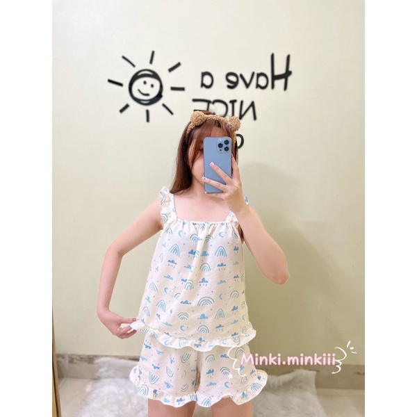 BỘ PYJAMA 🍓 ẢNH THẬT 🍓Pyjama hai dây Cầu vồng xanh mặc nhà chất siêu mát, cute, dễ thương, bộ đồ ngủ nữ hè