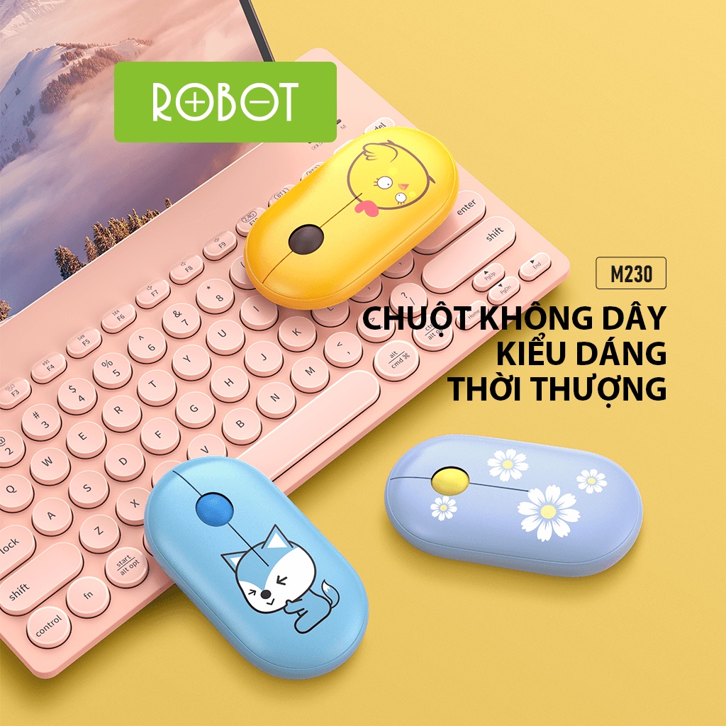 Chuột Tĩnh Âm Không Dây ROBOT M230 Họa Tiết Hoạt Hình Độ Phân Giải 1600 DPi Hàng Chính Hãng Bảo Hành 12 Tháng