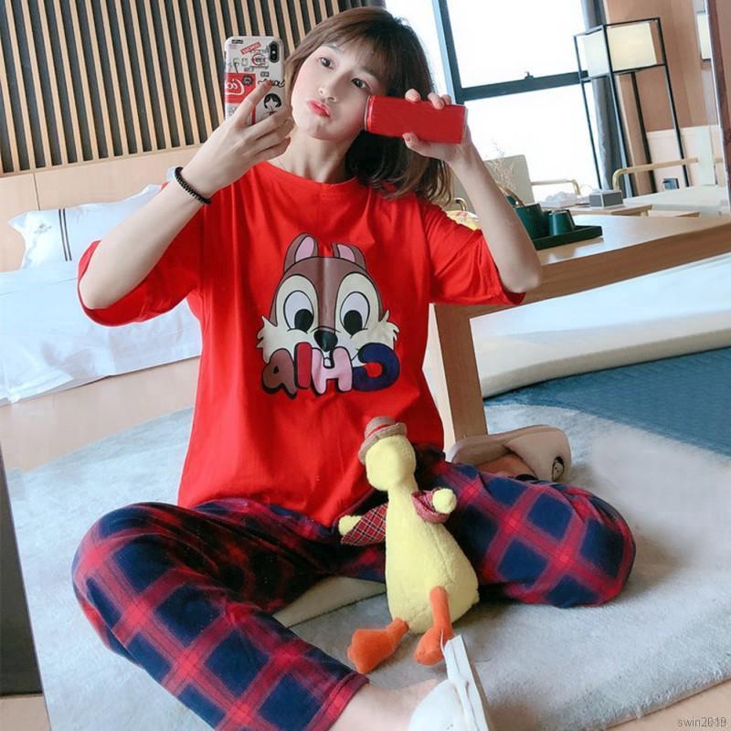 Bộ đồ ngủ tay ngắn in họa tiết hoạt hình xinh xắn cho nữ