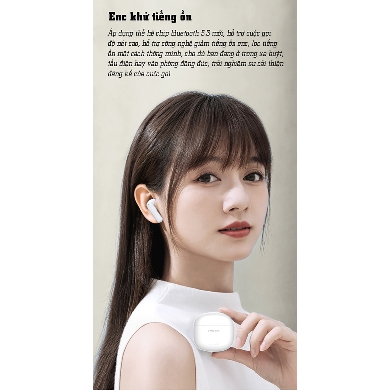 Tai nghe bluetooth Pisen True Wireless Ai3, kết nối bluetooth 5.3, nhỏ, pin dài, sử dụng 8h liên tục, độ trễ siêu thấp