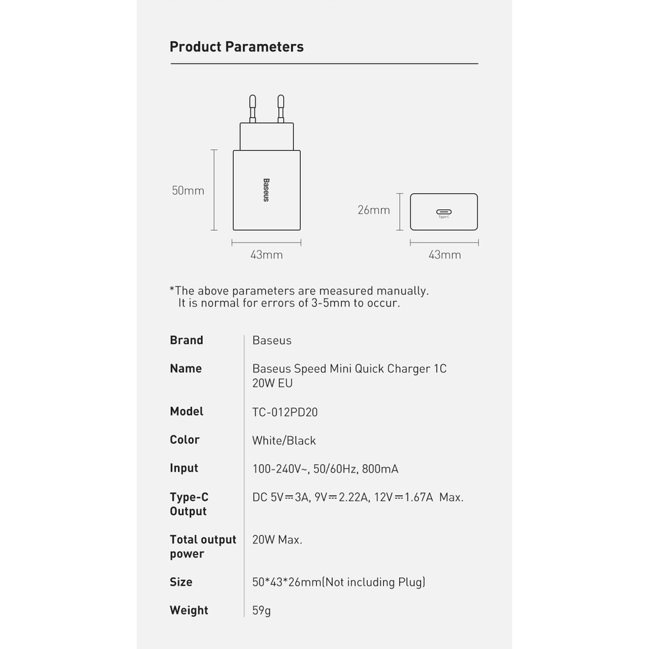 Cốc Sạc Nhanh Baseus 20W PD USB Type C Dành Cho iPhone 12 X Xs 8 Xiaomi Samsung