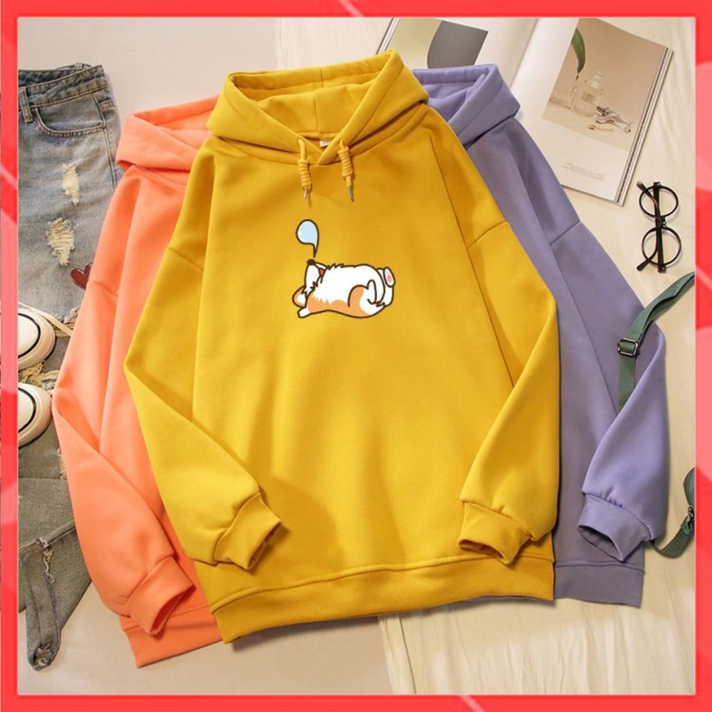Áo Hoodie Nữ form rộng Cotton Nỉ da cá (Kèm hình thật chất áo có Logo Thương hiệu) Chú chó nhỏ đang ngủ