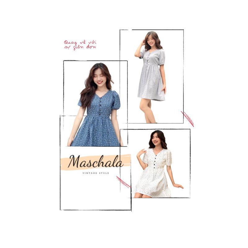 Đầm babydoll nữ Vintage nút gỗ cài, tay lửng phồng