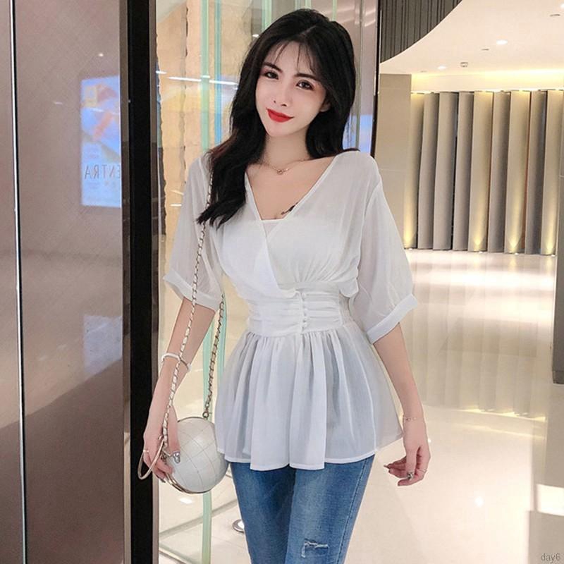 Áo chiffon nữ tay ngắn cổ chữ V thời trang Hàn Quốc