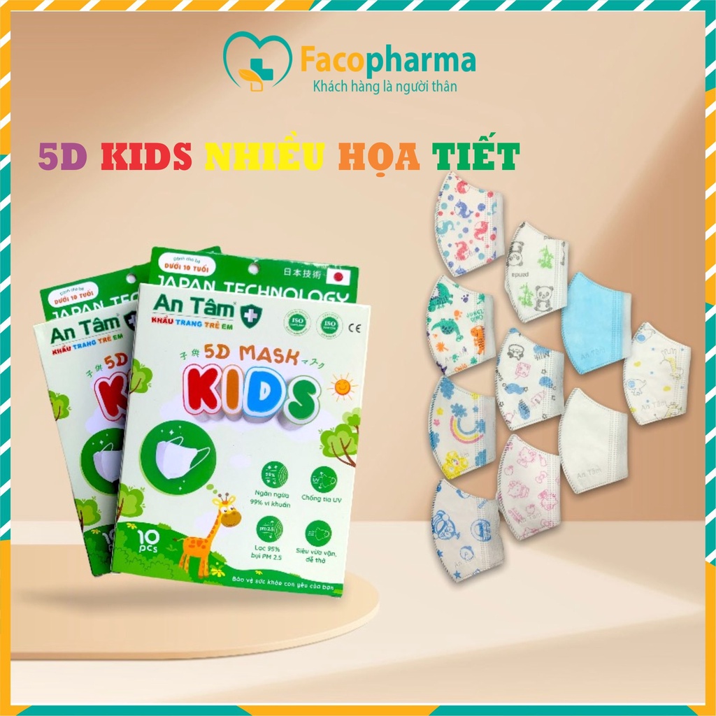 Khẩu trang cho bé 3 tuổi đến 8 tuổi bé gái bé trai nhiều họa tiết đáng yêu 5D An Tâm hộp 10 cái AT5DC