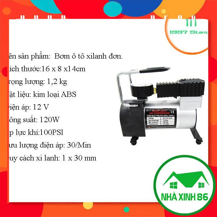 Bơm lốp xe ô tô điện 12V/10A hợp kim cách nhiệt, có đồng hồ hiển thị, dây nguồn dài 2.8m, không gồm bộ chuyển nguồn