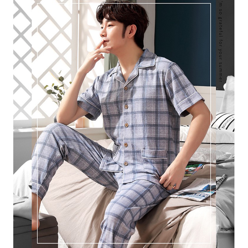 2014-BỘ PIJAMA NAM áo cộc tay - chất COTTON 100% tự nhiên, tông trắng sọc đen 0404