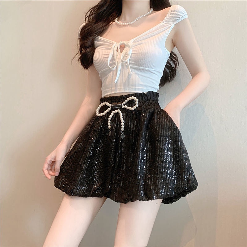 Quần Short Ống Rộng Lưng Cao Thêu Họa Tiết Đính Sequin Thời Trang Mùa Hè Cho Nữ