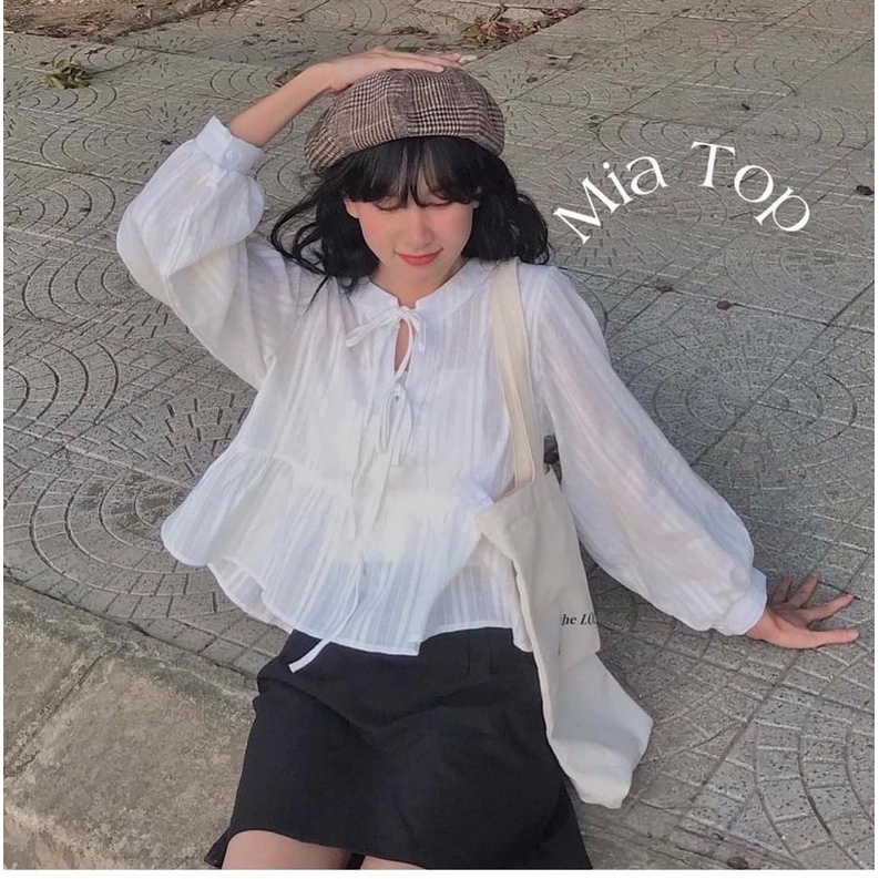 Set áo babydoll trắng buộc dây dáng croptop kèm quần váy xếp ly Ulzzang - có tách set