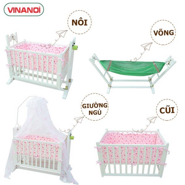 Nôi Võng Gỗ Thông Tự Động 4 Trong 1 Cho Bé VINANOI-Vừa Làm Nôi Tự Động Vừa Làm Giường Vừa Làm Cũi Vừa Chuyển Thành Võng