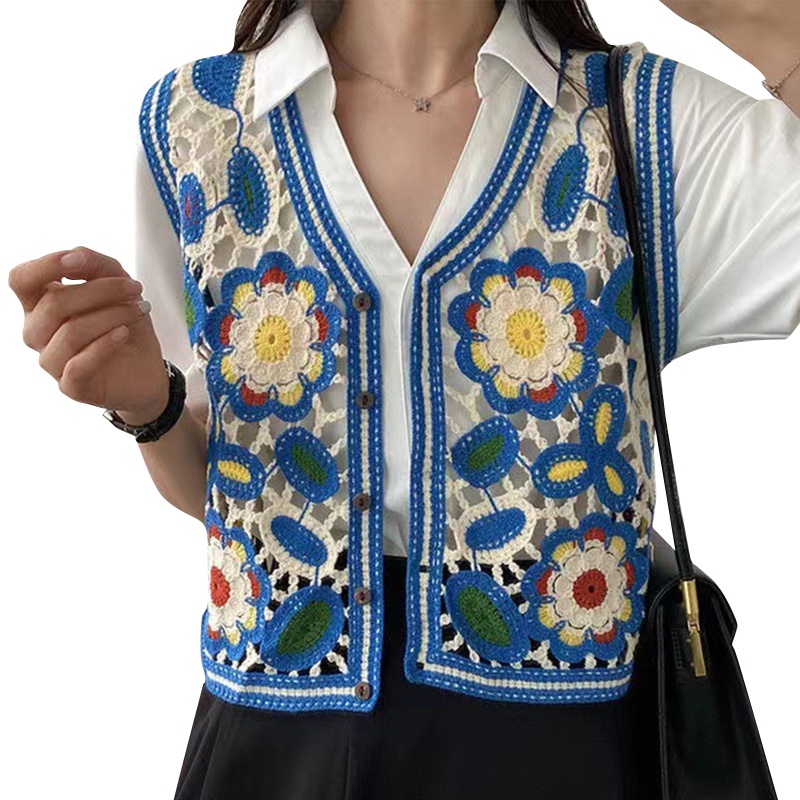 Áo Cardigan Dệt Kim Không Tay Dáng Rộng In Hoa Phối Nút Kiểu Pháp Xinh Xắn Cho Nữ