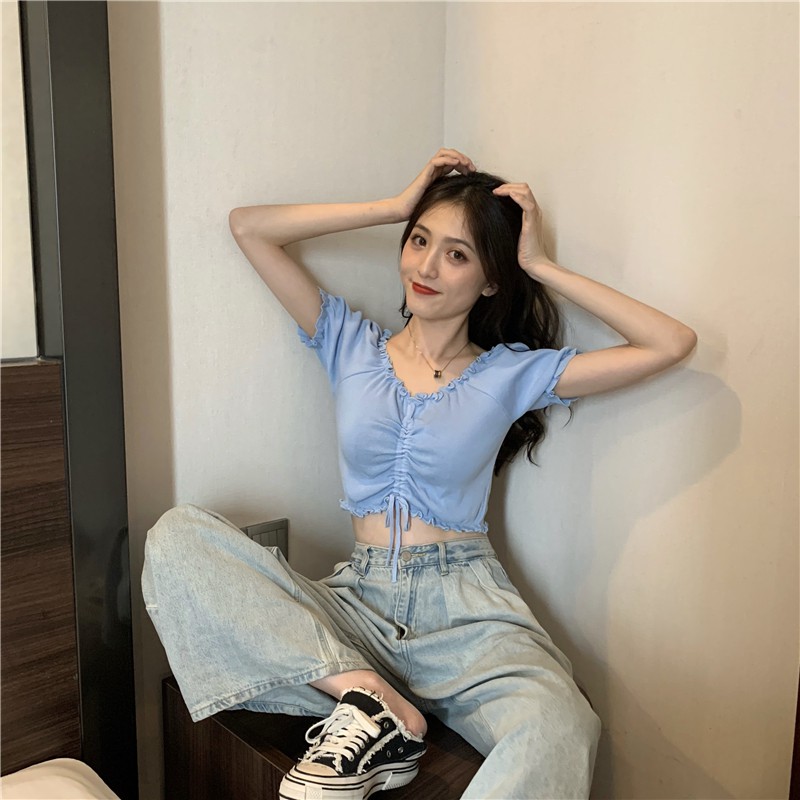 croptop nữ mùa hè 2021 phong cách mới bong bóng mộc nhĩ ngắn tay dây rút áo len cổ chữ V hở rốn