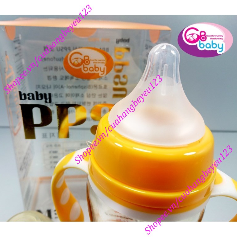 Bình sữa 240ml Cổ rộng PPSU Cao cấp có tay cầm, có van chống sặc GB Baby (Tặng 1 núm ty GB-baby, Que thông tắc sữa)