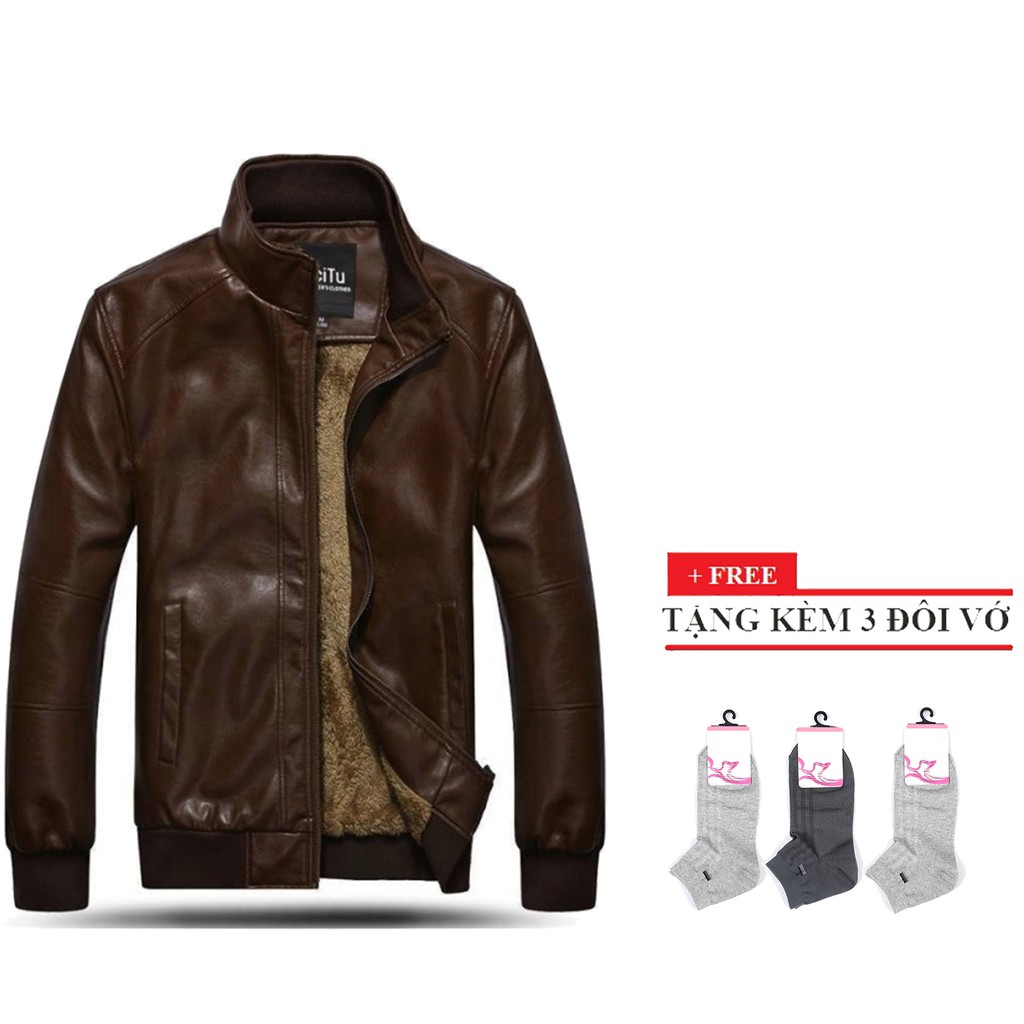 Áo khoác da nam lót lông ( NÂU) + tặng 3 đôi vớ nam