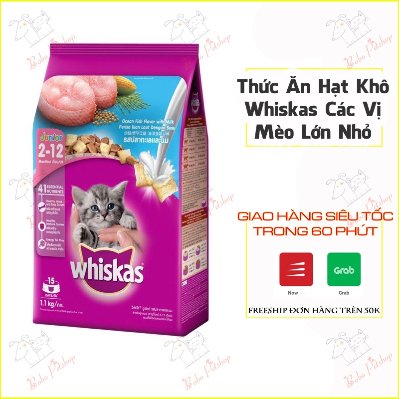 Thức Ăn Mèo Lớn Hạt Whiskas 1,2Kg, Hạt Whiskas Mèo Con 1,1Kg Đủ Vị- Bobo Pet Shop Hà Nội