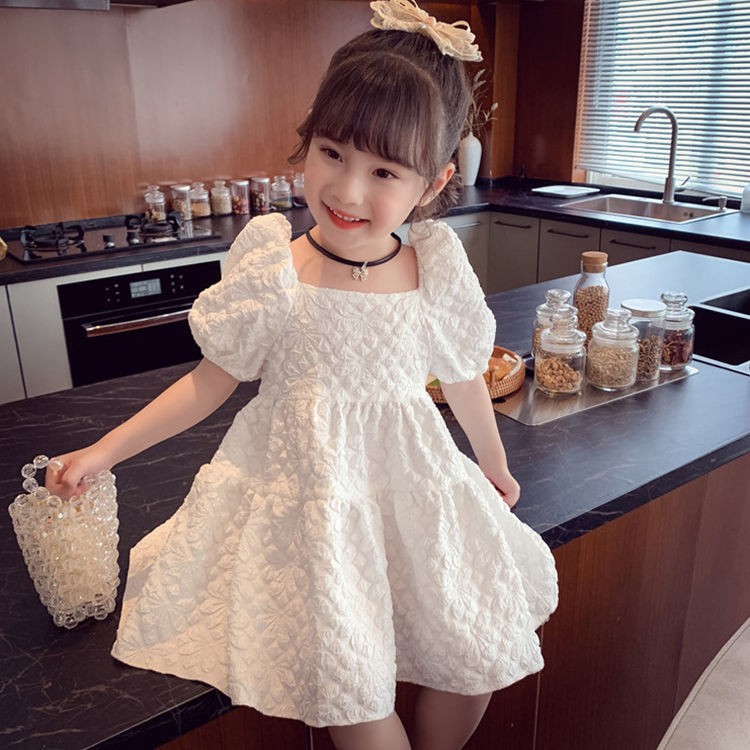 Cô Gái Ăn Mặc Mùa Hè2021Mới Trẻ Em Hàn Quốc Phong Cách Công Chúa Màu Đỏ Tay Áo Phồng Bé Gái Váy