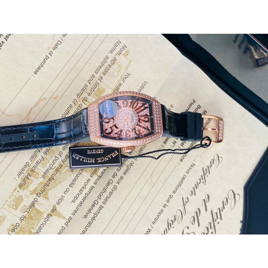 Đồng hồ nữ Franck muller vangua lady v32 máy Swissquartz Thụy Sĩ, mặt đính full đá CZ cao cấp, dây da