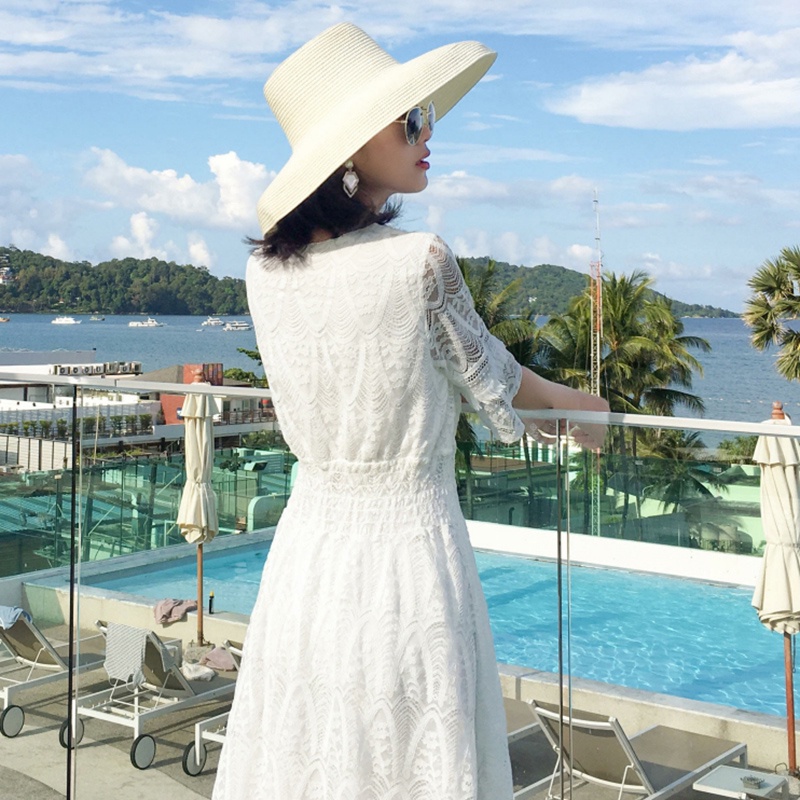 IELGY Đầm Ren Mỏng Tay Ngắn Cổ Chữ V Màu Trơn Thời Trang Dành Cho Nữ