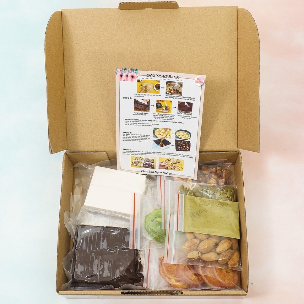 Socola thanh Bếp xíu xiu, Chocolate Bark set nguyên liệu thành phẩm 12 thanh nhiều loại hạt, kèm khuôn
