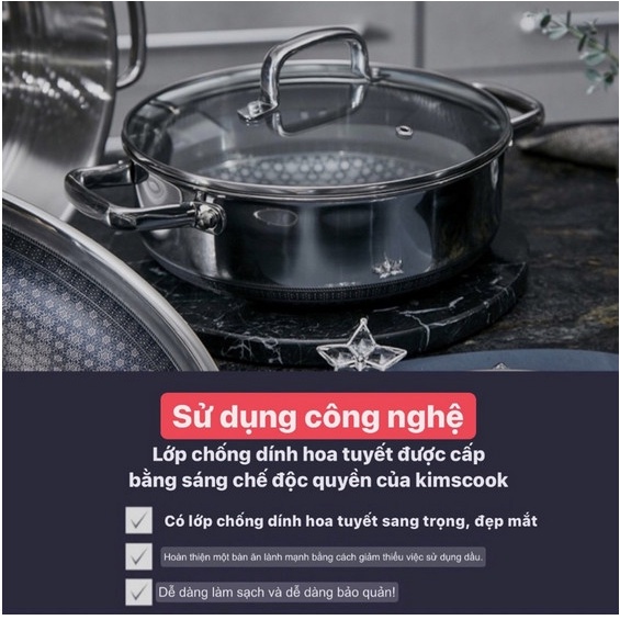 Nồi inox 3 lớp đáy liền cao cấp Kims Cook Blackcube Phủ chống dính Daikin-Nhật Bản thế hệ mới- 18cm/20cm/24cm/26cm