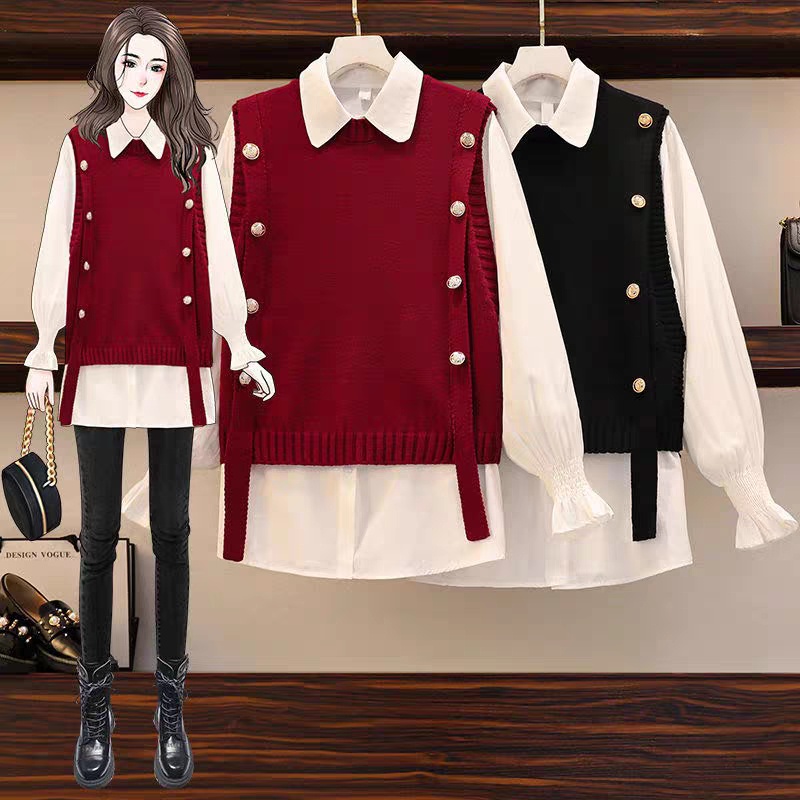 🌸Hàng Order🌸 Váy Đầm Bigsize Sét Áo Sơ Mi Kết Hợp Áo Gile Len Phối Cúc Lạ Mắt Trẻ Trung Cá Tính🌸Hàng Quảng Châu