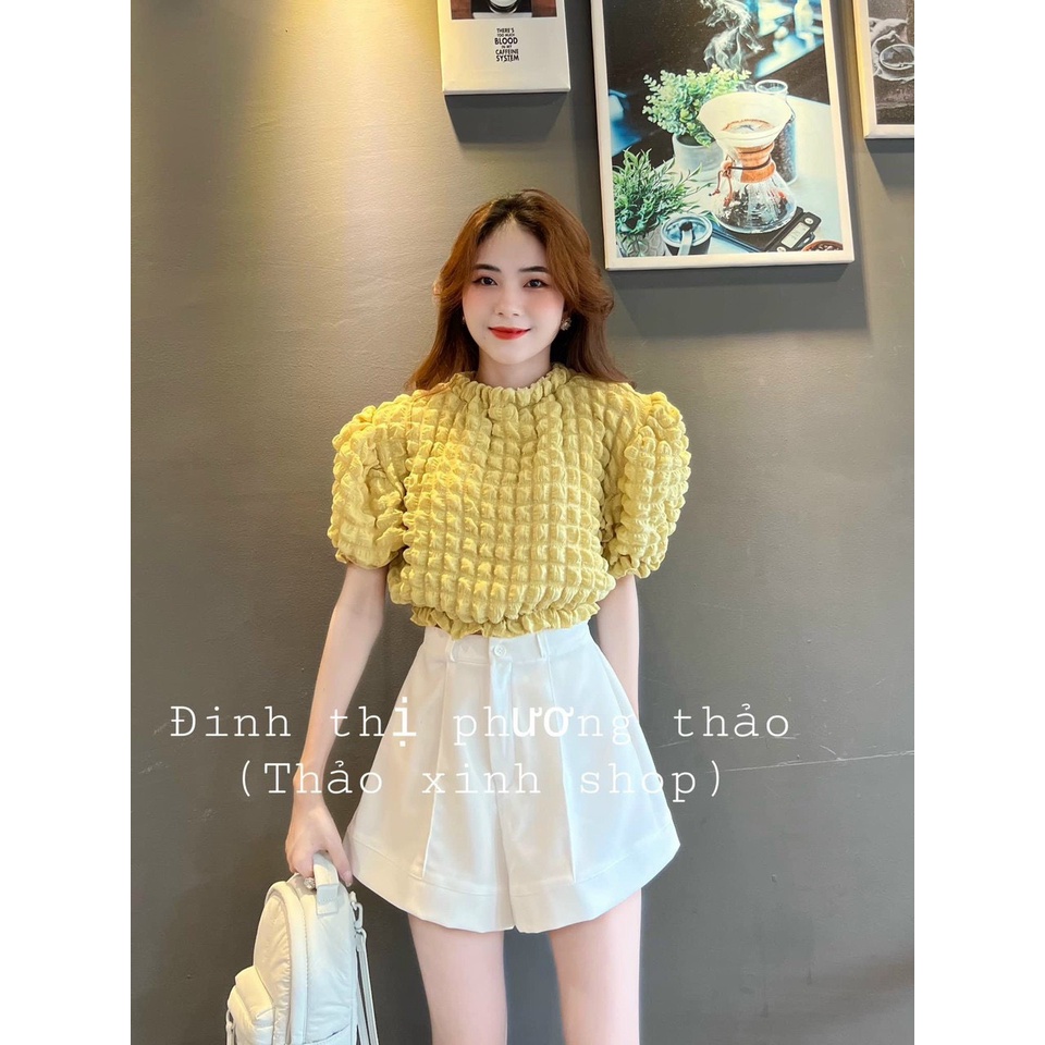Sét Bộ Nữ Thời Trang Mặc Đi Chơi, Sét Bộ Áo Xốp Cổ Tròn Tay Ngắn Phồng Mix Quần Đùi Tuyết Mưa Xinh Xắn