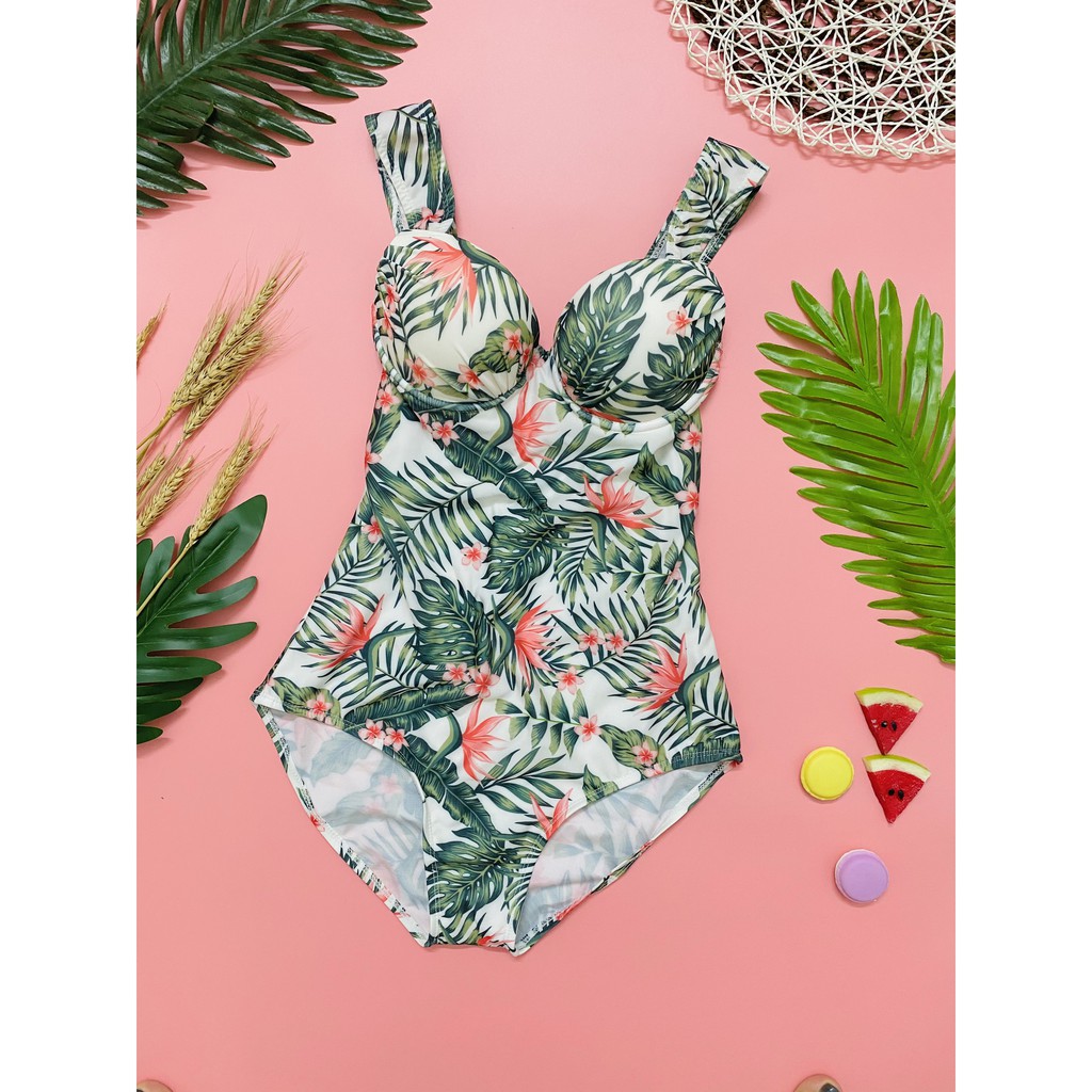 Bikini 1 mảnh liền thân họa tiết hoa lá bản vai to kín đáo mặc đi bơi