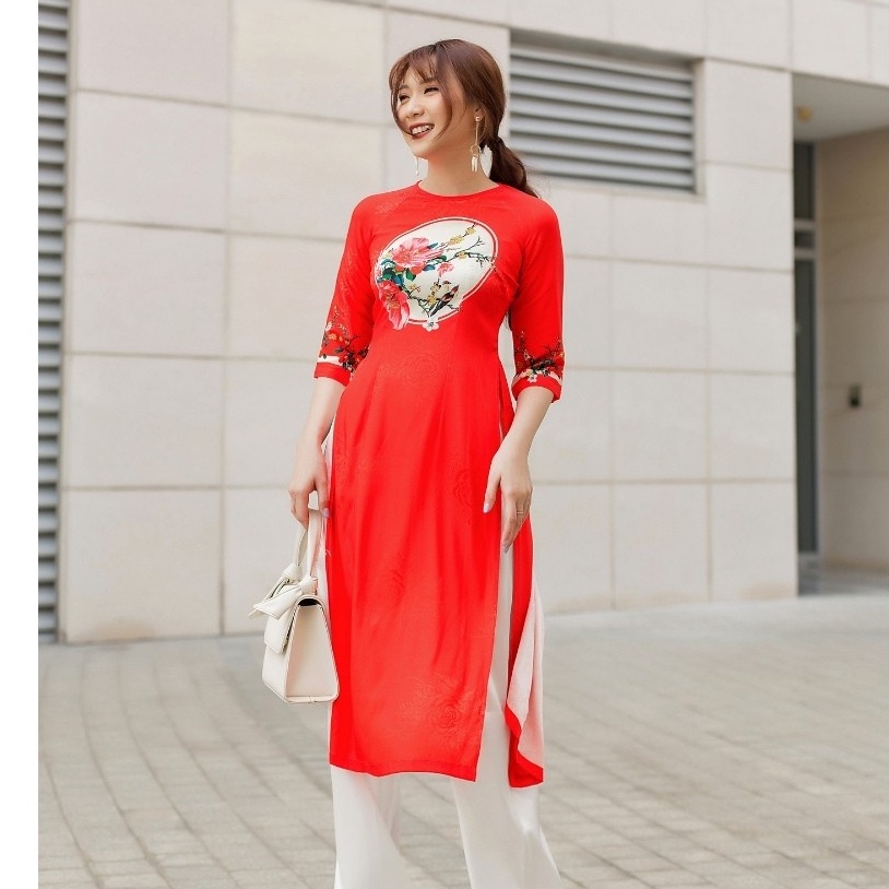 Áo Dài Cách Tân VAYO, Áo Dài Tết Đỏ May Sẵn Cổ Tròn Nữ Tay Lỡ Vải Gấm Vòng Tròn Hoạ Tiết Có Nhiều Size S M L XL