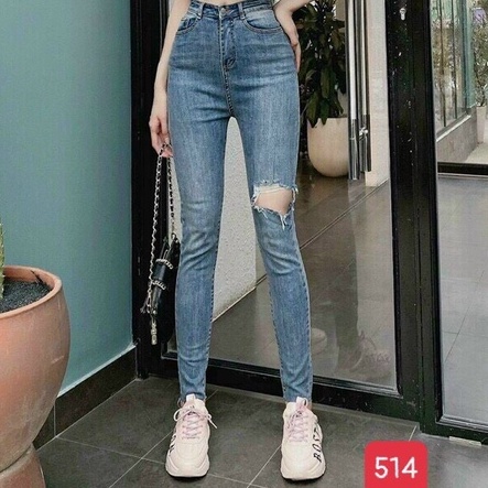 Quần Jean nữ màu xanh cắt gấu rách gối, quần nữ chất vải denim co dãn thoải mái khi mặc T-fashion 24h qn514