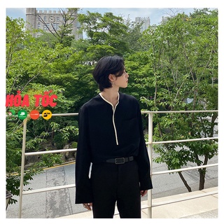 Áo sơ mi nam tay dài cổ tròn viền kiểu dáng đơn giản, thanh lịch