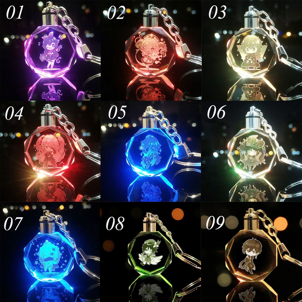 Móc khóa mặt pha lê LED hình Genshin Impact Wendy Klee Keqing QiQ có hộp quà