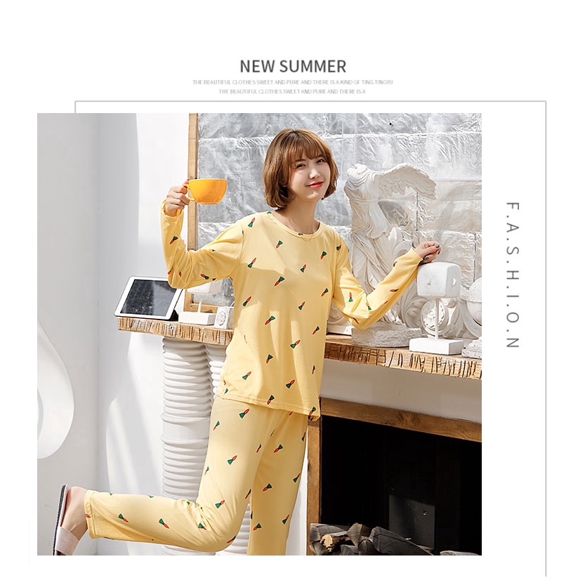 xiaohan korea spring autumn loose female nightwear round neck long sleeve sleepwear set cute print women Large size pajamas | BigBuy360 - bigbuy360.vn