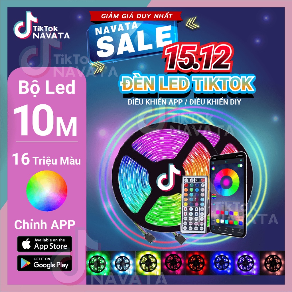 Đèn Led TikTok 5m 10m Điều Khiển APP 16 Triệu Màu, Pha Màu DIY đèn trang trí phòng ngủ Led 5050 RGB Loại Tốt