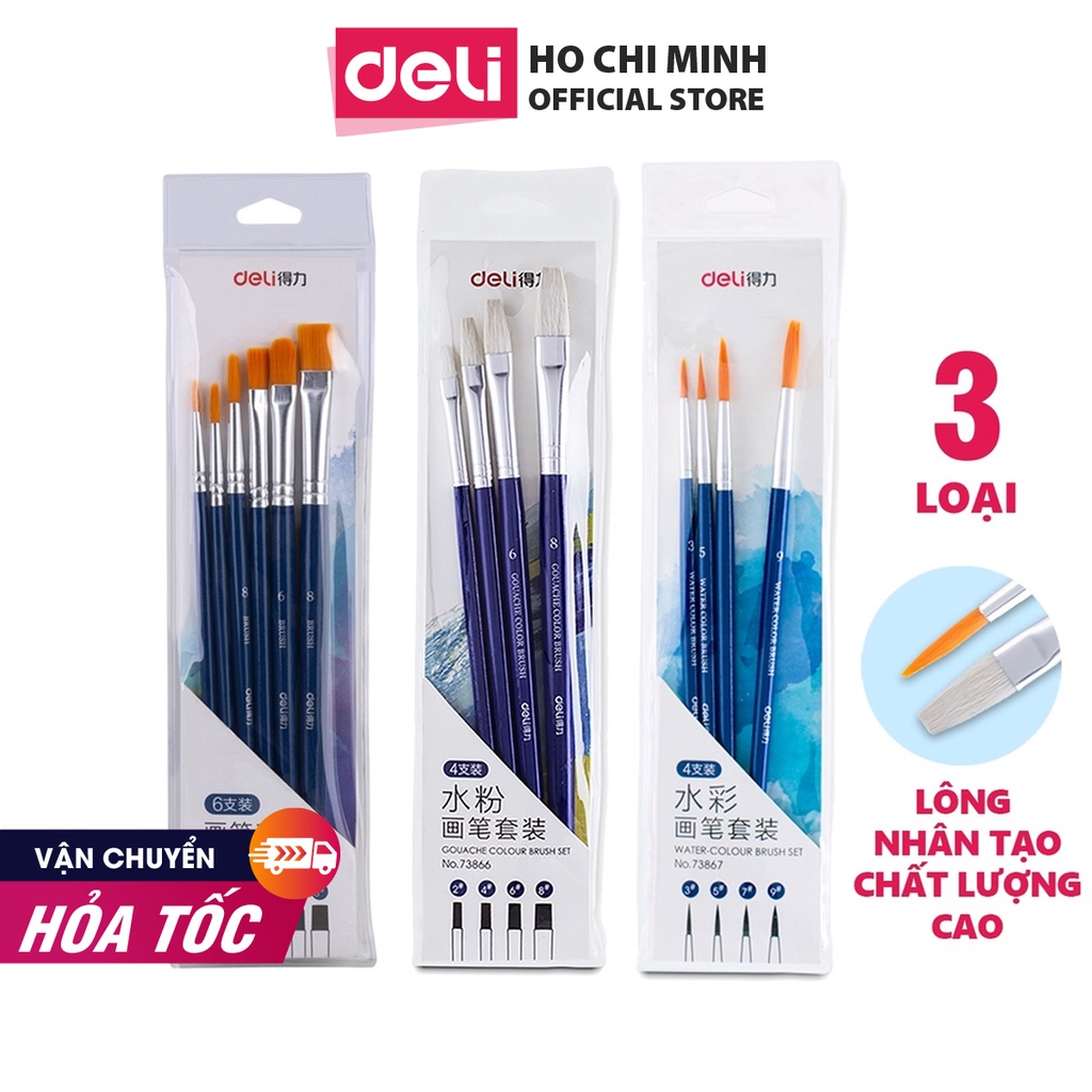 Bộ cọ vẽ chuyên nghiệp Deli - dùng cho màu nước/bột/sơn acrylic -Set 4/6 cây- 73885/73866/73867