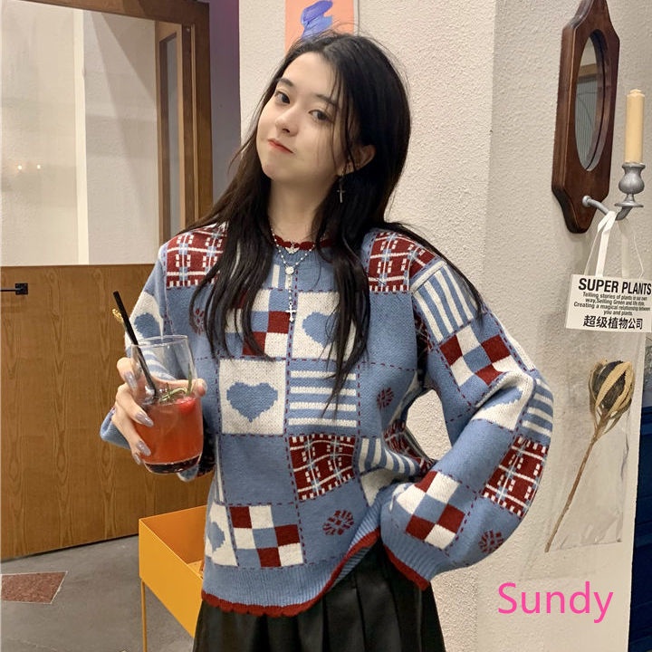 Áo Sweater Tay Dài Dáng Rộng Kẻ Sọc Thời Trang Mùa Đông Cho Nữ