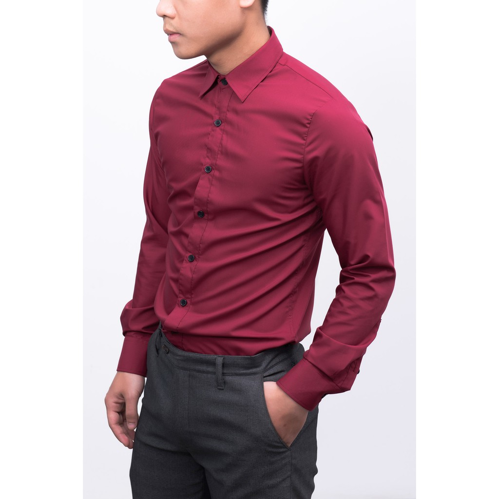 Áo sơ mi nam Kojiba dáng ôm body màu đỏ đô dài tay vải chống nhăn