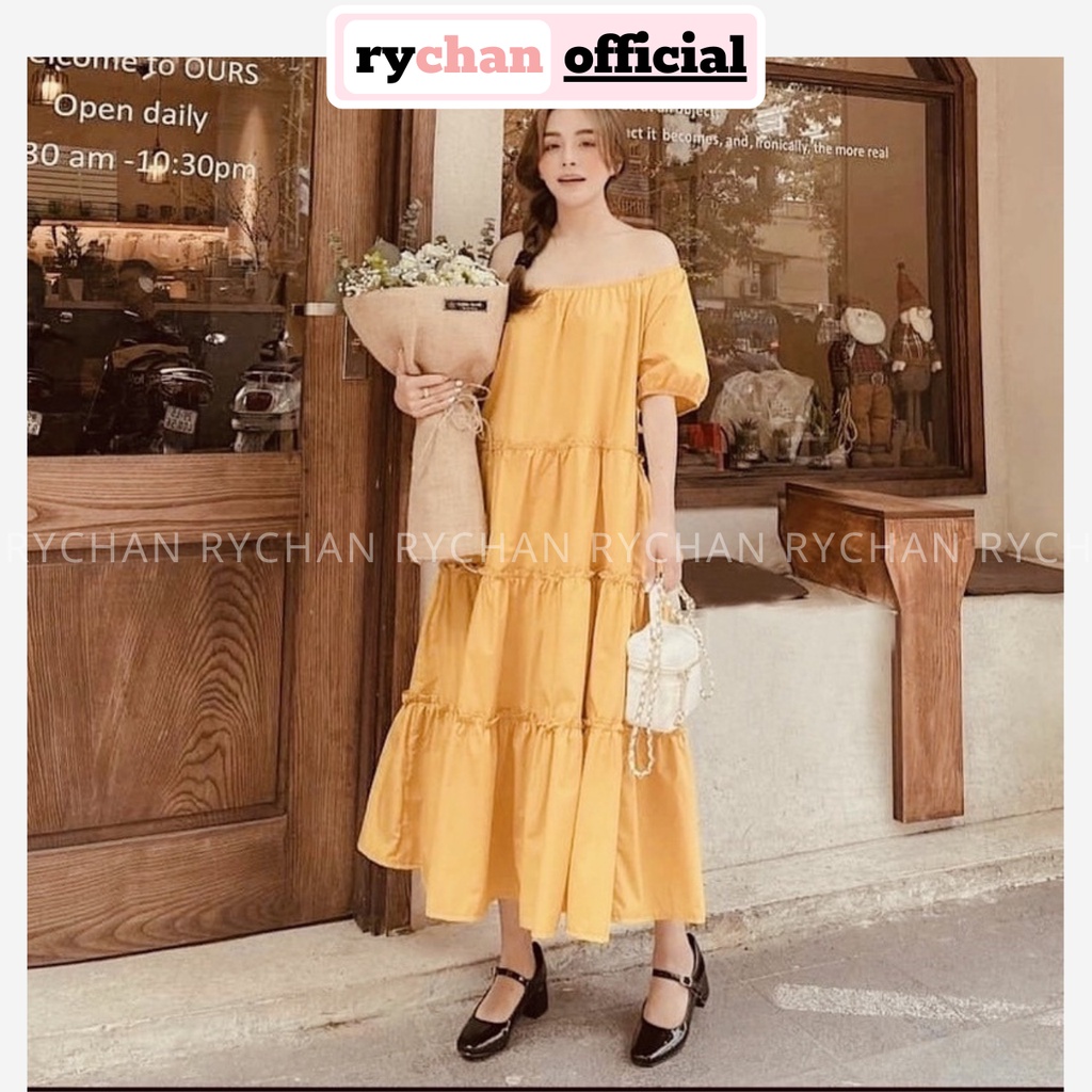 Đầm Suông Nữ Đi Chơi Chụp Hình Sống Ảo Cổ Vuông Mặc Được 2 Kiểu Viền Bèo Màu Vàng [ẢNH THẬT CUỐI] - DX9893