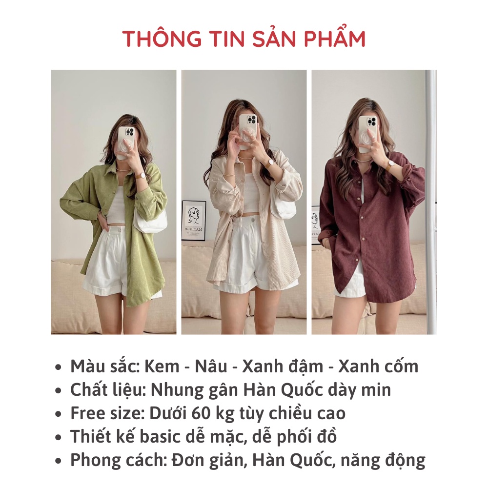 Áo sơ mi dài tay oversize form rộng nhung gân chất dày đẹp thu đông trơn nhiều màu Sollle