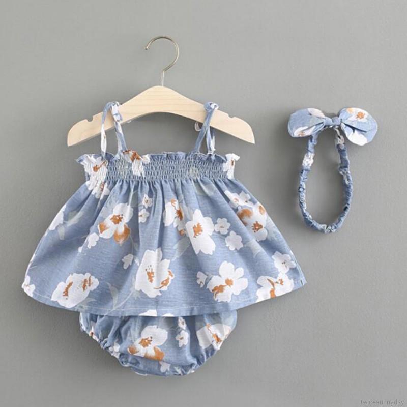 ☀ sunny ღ Set áo hoa không tay + quần short + Băng đô nơ đáng yêu cho bé gái