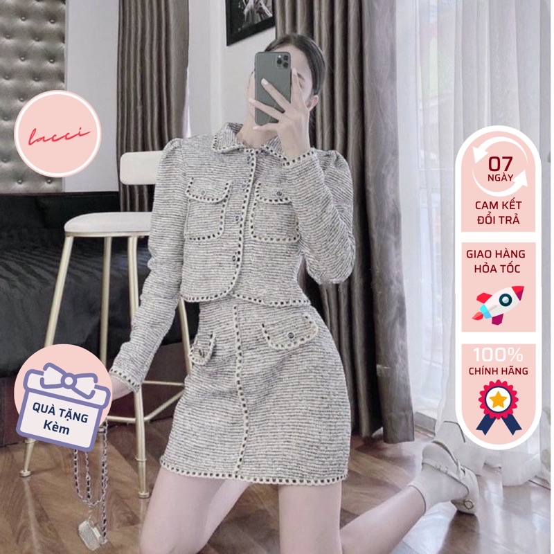 Set dạ tweed, áo khoác dạ nữ kèm chân váy chạy viền túi ngực