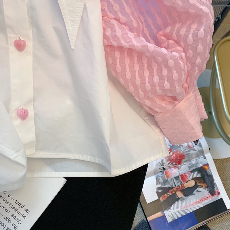 Áo Sơ Mi Ngắn Tay Phồng Ngắn Cổ Bẻ Phối Nút Hình Trái Tim Màu Hồng Ngọt Ngào Thời Trang Mùa Hè Cho Nữ