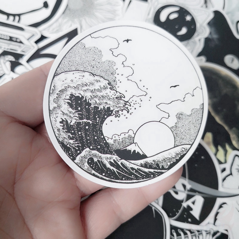 Bộ 50 miếng hình dán chủ đề B INS màu trắng và đen kiểu hỗn hợp trang trí hành lý/ laptop/ ván trượt