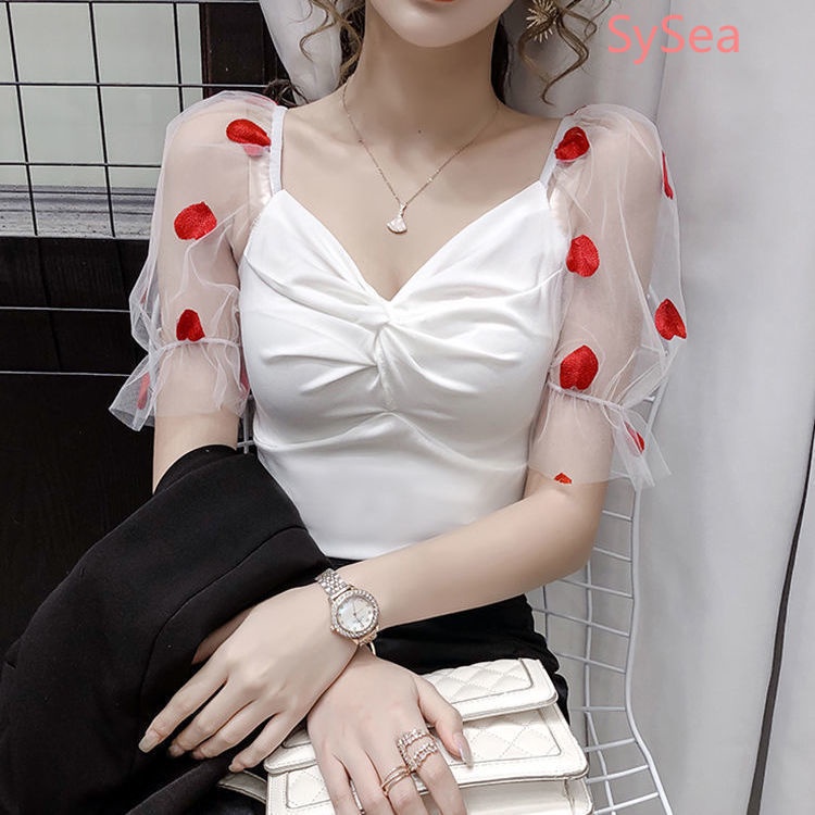 Áo Kiểu Cổ Chữ V Phối Lưới Thời Trang Mùa Hè Cho Nữ