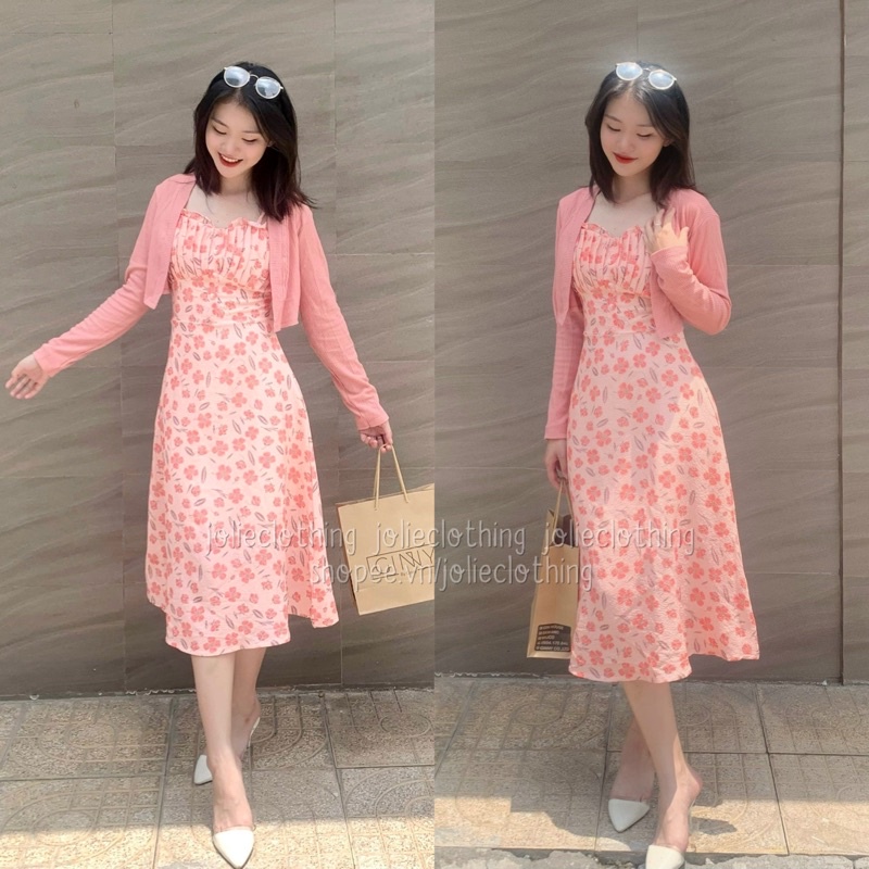 Set váy hai dây midi hoa nhí kèm áo khoác cardigan vàng dịu dàng, xinh xắn