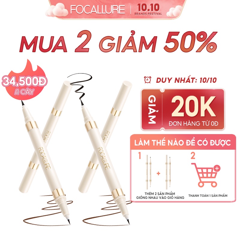 Bút kẻ mắt dạng lỏng FOCALLURE 2 đầu trong 1 khô nhanh chống nước không nhòe màu đen nâu 1.2g