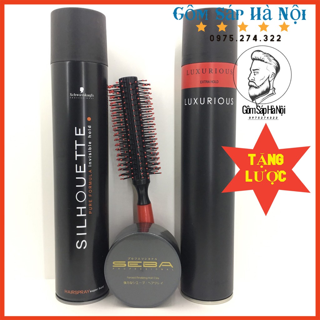 COMBO Gôm Xịt Tóc LUXURIOUS  + Gôm Xịt Tóc Silhouette + Sáp Vuốt Tóc SEBA  Tặng Lược