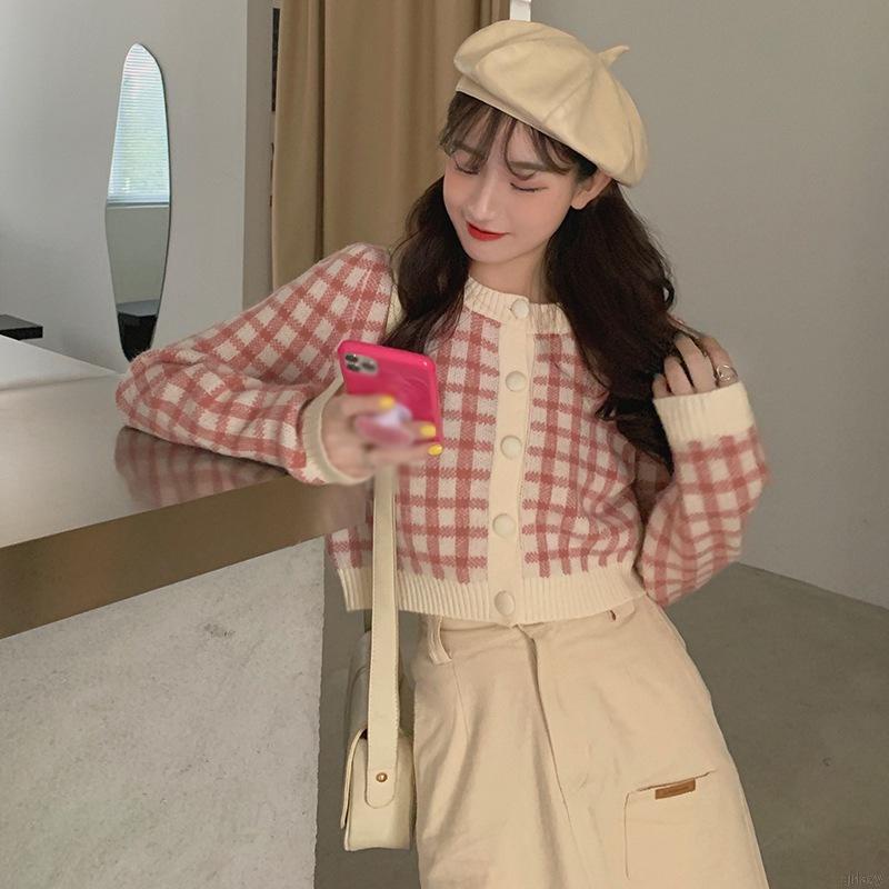 Áo khoác len cardigan tay dài cổ tròn họa tiết sọc caro phong cách Hàn Quốc cho nữ