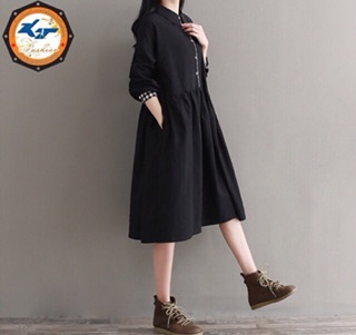 Đầm cổ sơ mi đen phối caro